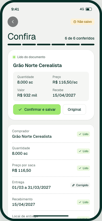 Tela para conferência de contrato no Tier Agro