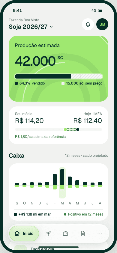Tela inicial do aplicativo Tier Agro com produção, comercialização e caixa